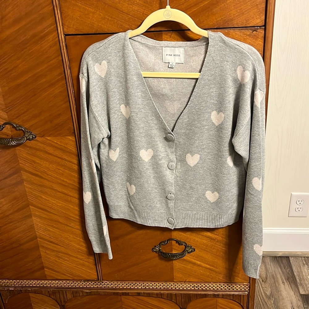 Pink Rose Grey Cardigan with Pink Hearts Size Large